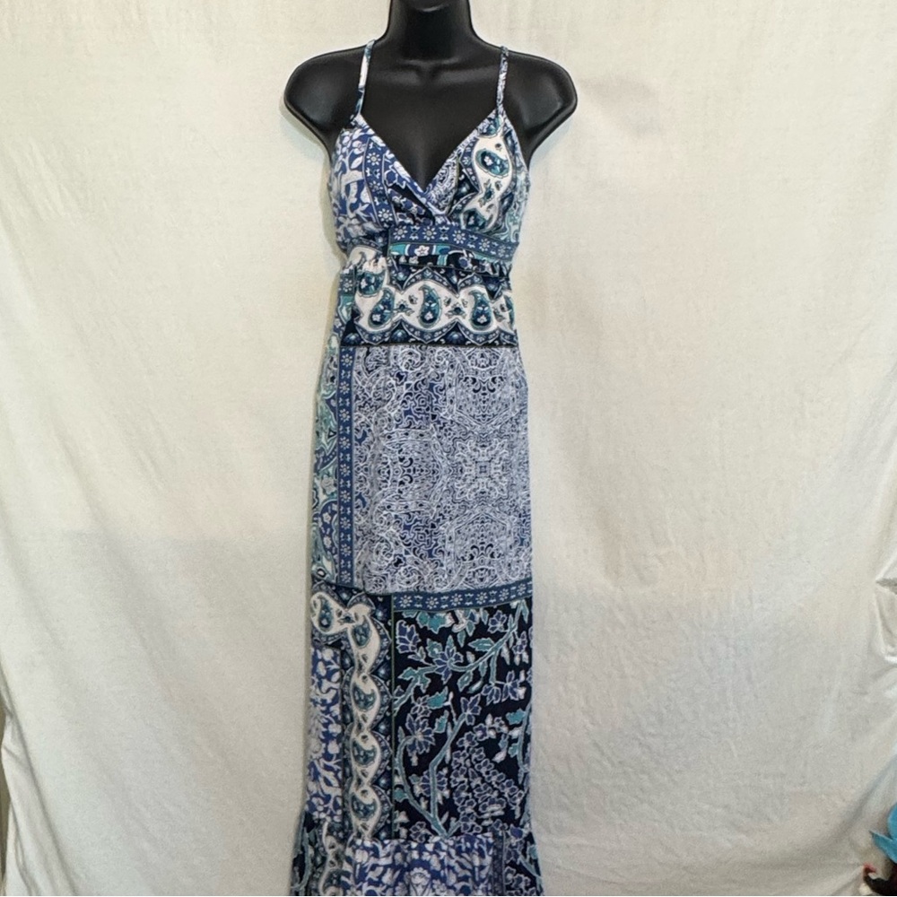 C-73‎ Mossimo Blue Black & White Sleeveless Lined Summer Maxi Dress Size XS